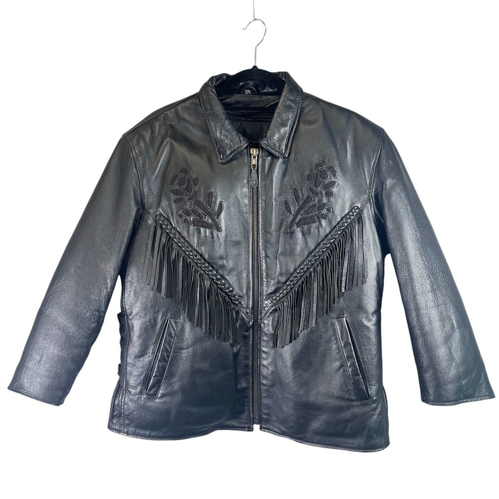 USA‎ Bikers Dream Women's 2XL Black Leather Fringe Western Jacket Motorcycle XXL
